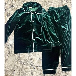 VTG Kids Tales Green Velvet Velour Button Up Top Pajama Set PJs Sz 4/5 110 Cozy